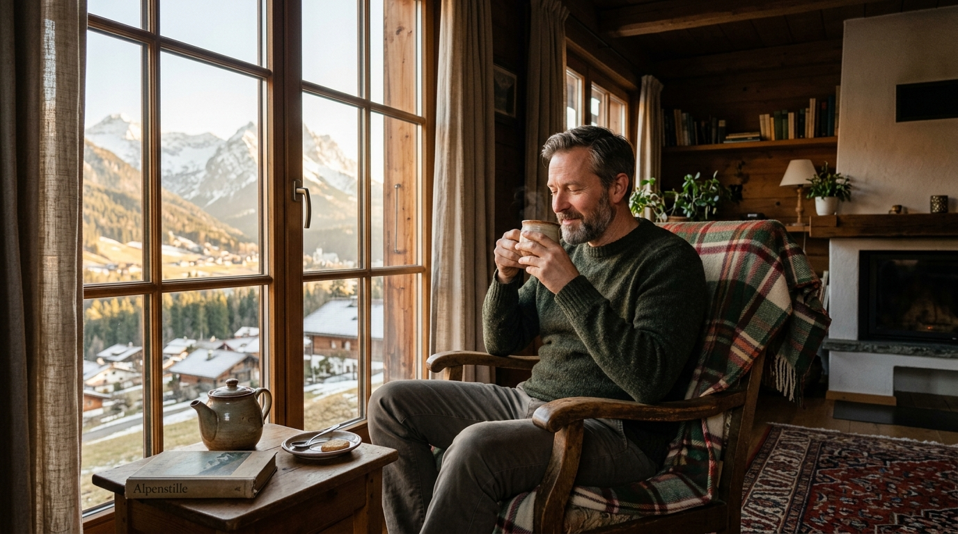 Mann trinkt morgens Kräutertee am Fenster, ruhige österreichische Atmosphäre